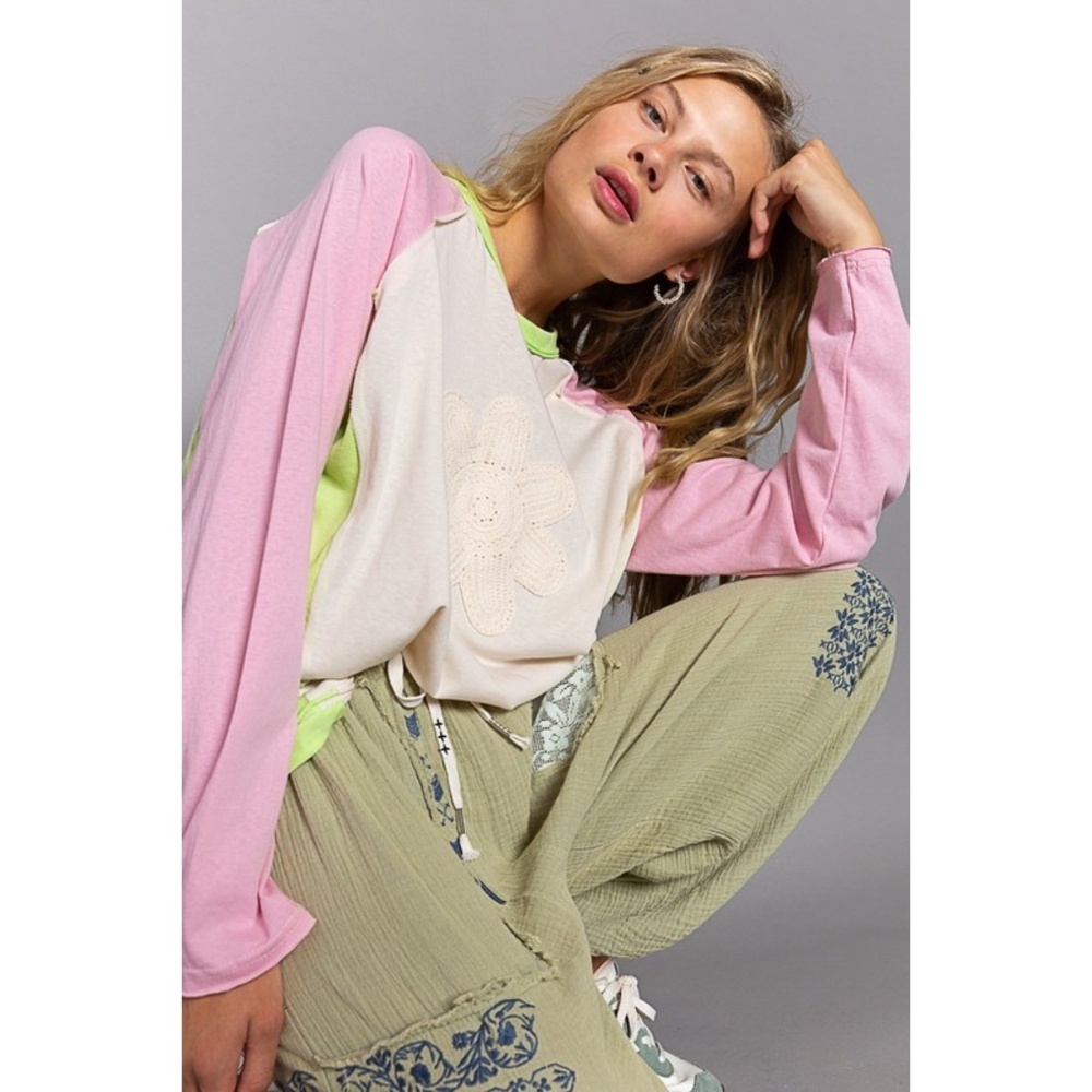 POL Pink & Lime Flower Patch Long Sleeve Cotton Jersey Top - Picture 6 of 13
